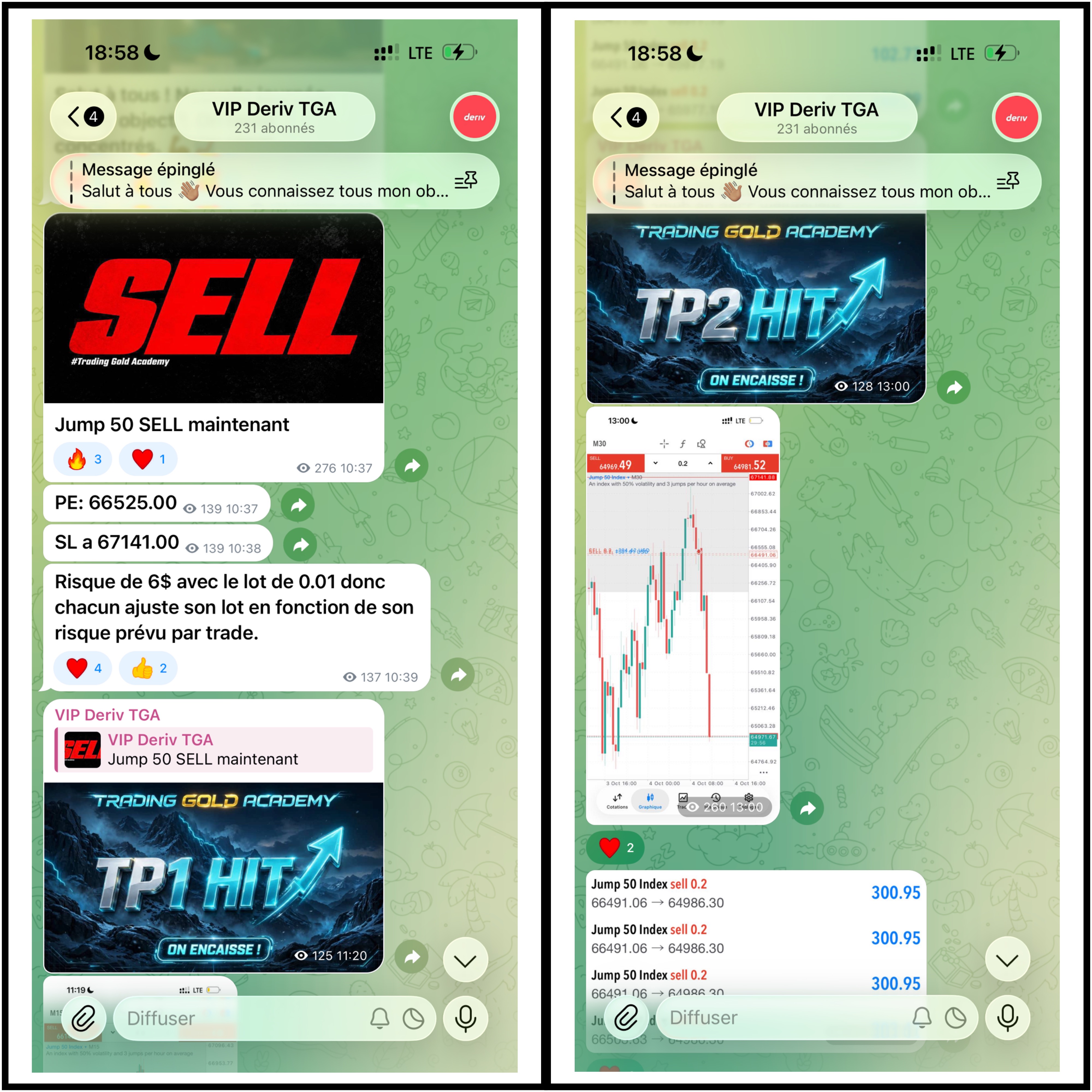 Jump 50 : signal SELL à gauche et suivi du résultat à droite, capture Telegram TGA