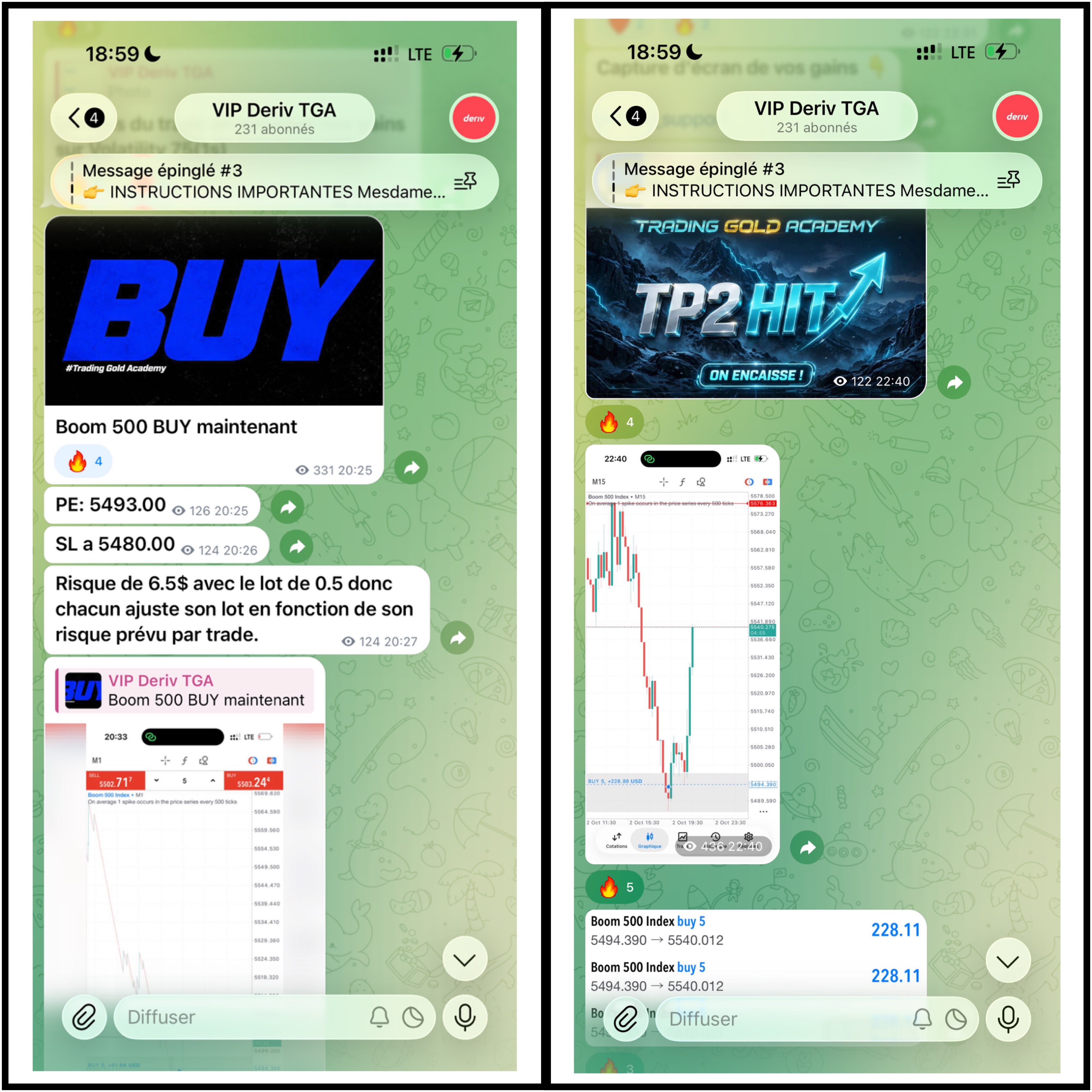 Boom 500 : signal BUY à gauche et suivi du résultat à droite, capture Telegram TGA