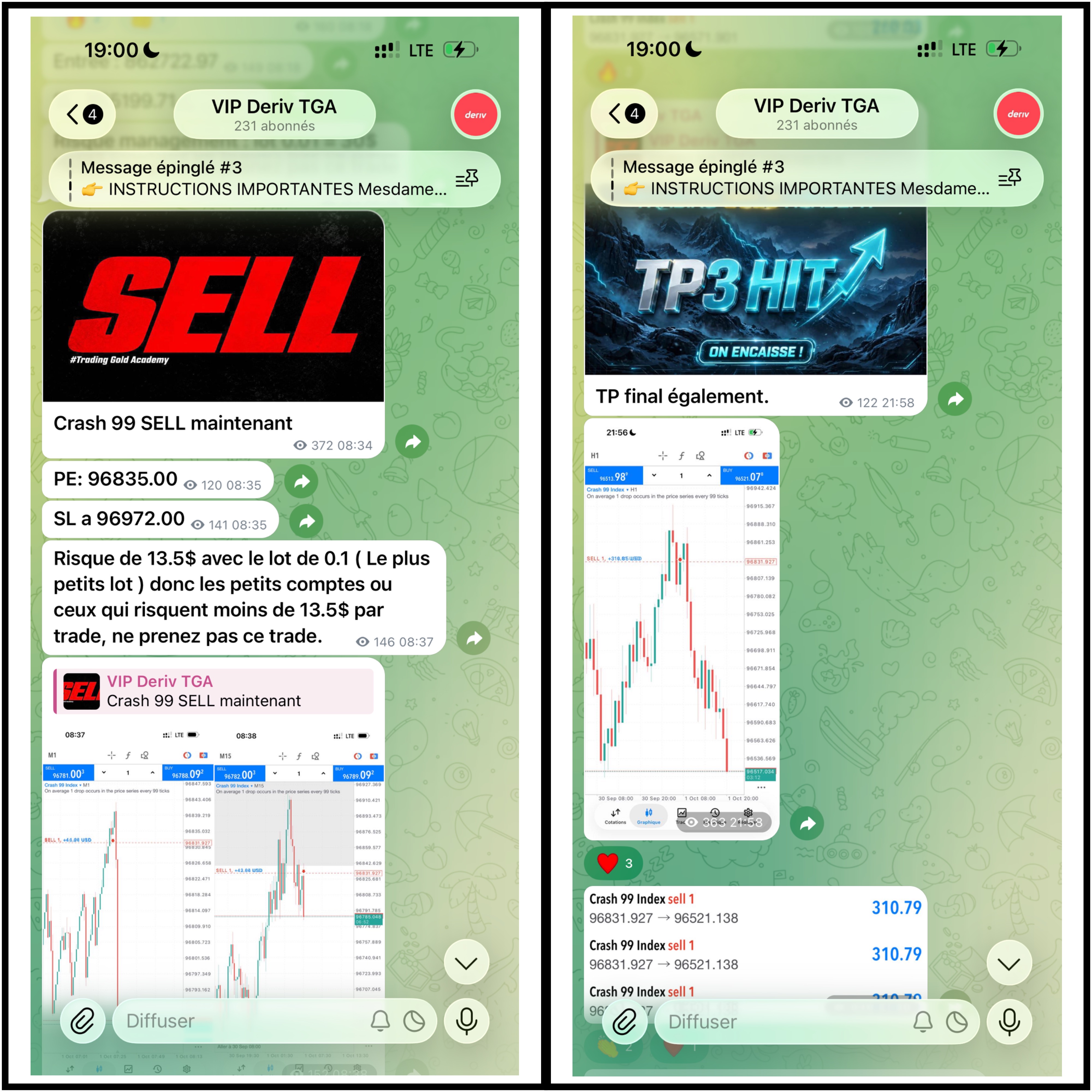 Crash 99 : signal SELL à gauche et suivi du résultat à droite, capture Telegram TGA