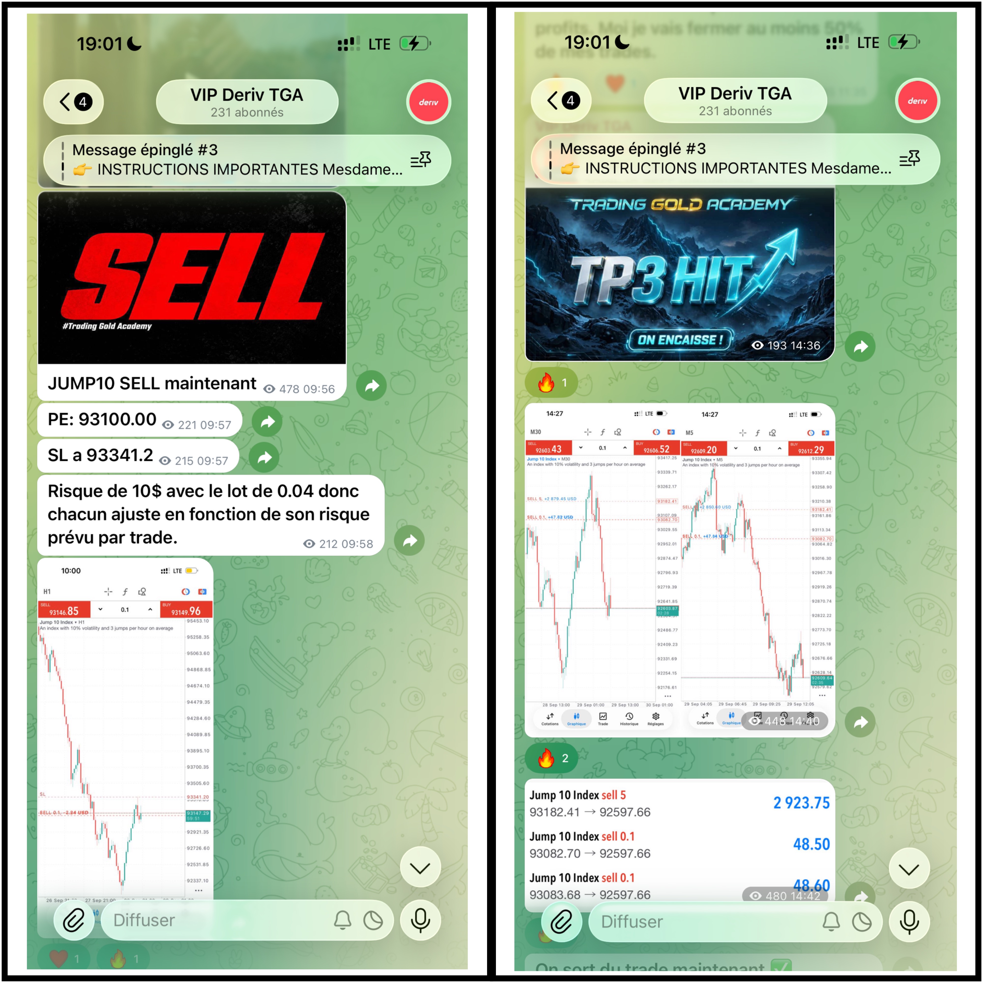 Jump 10 : signal SELL à gauche et suivi du résultat à droite, capture Telegram TGA