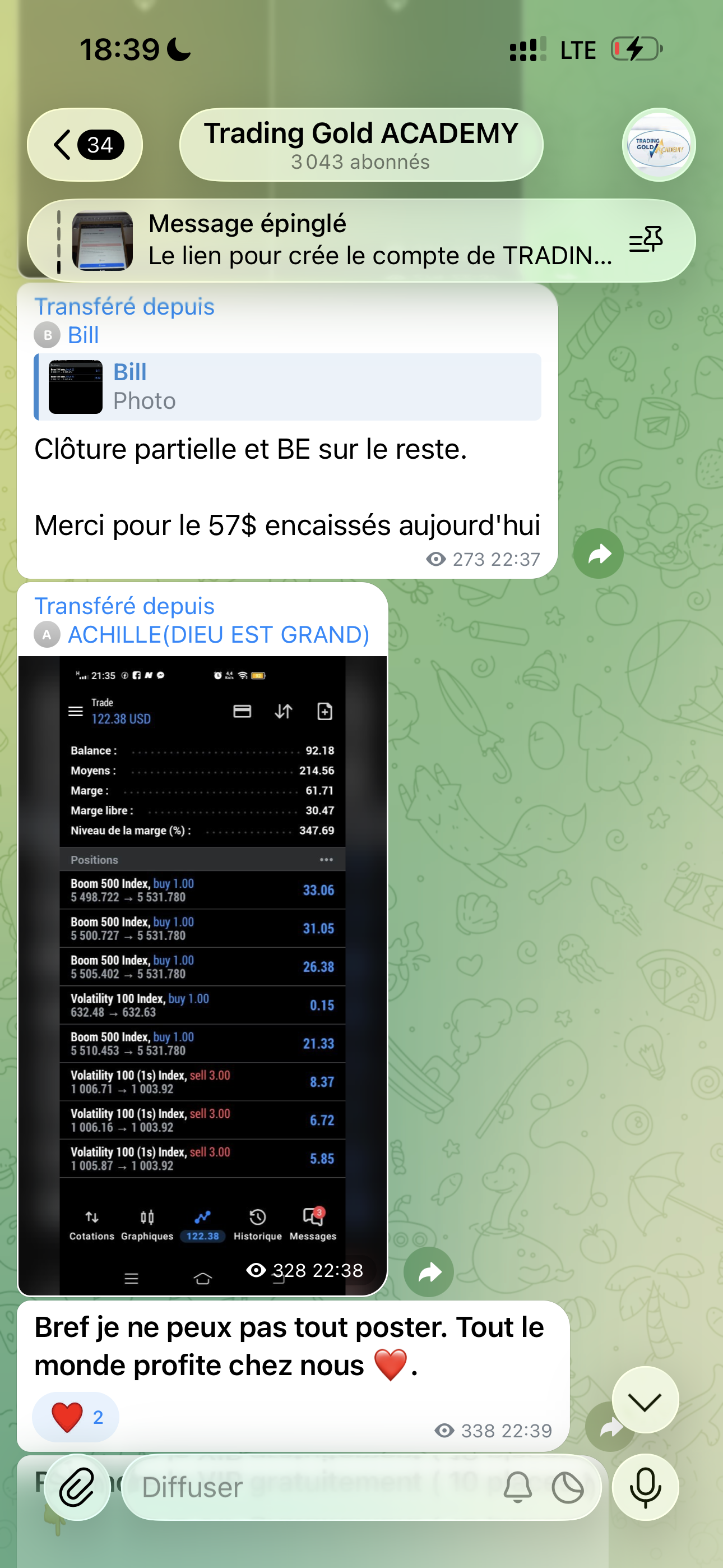 Le canal Telegram Trading Gold Academy affiché sur un smartphone