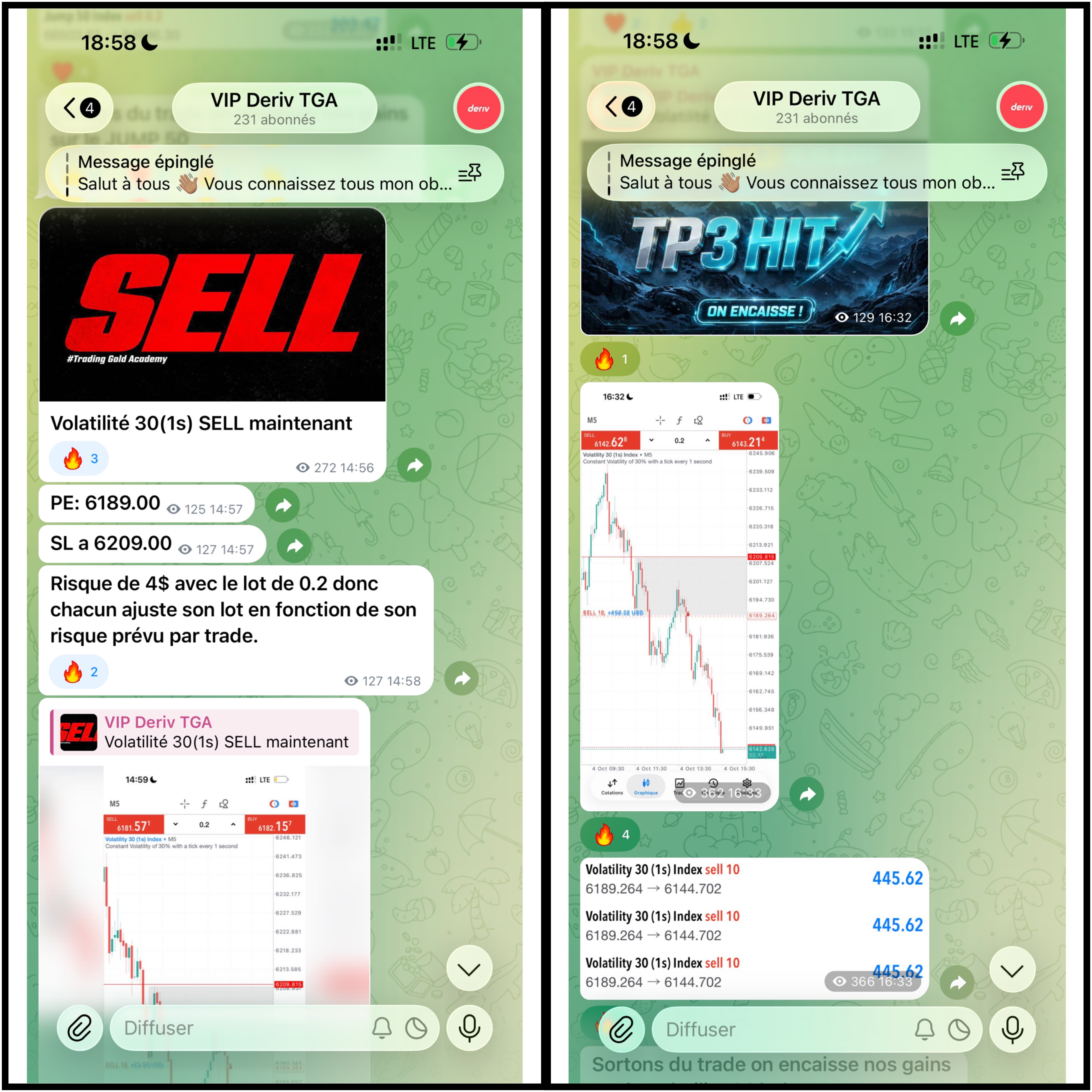 Volatility 30 (1s) : signal SELL à gauche et suivi du résultat à droite, capture Telegram TGA